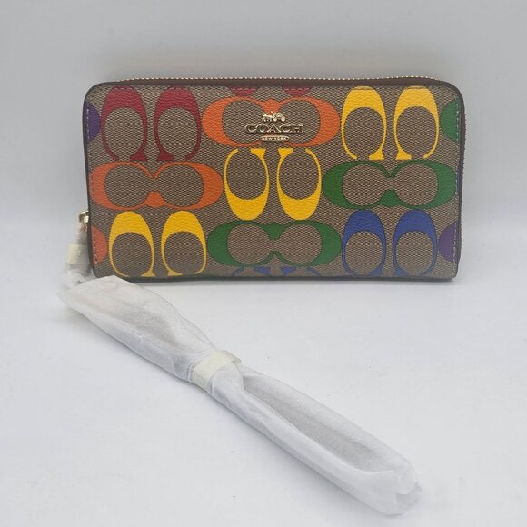 Coach Long Zip Around Wallet in Rainbow Signature Canvas CA720 Khaki Multi - Picture 1 of 7